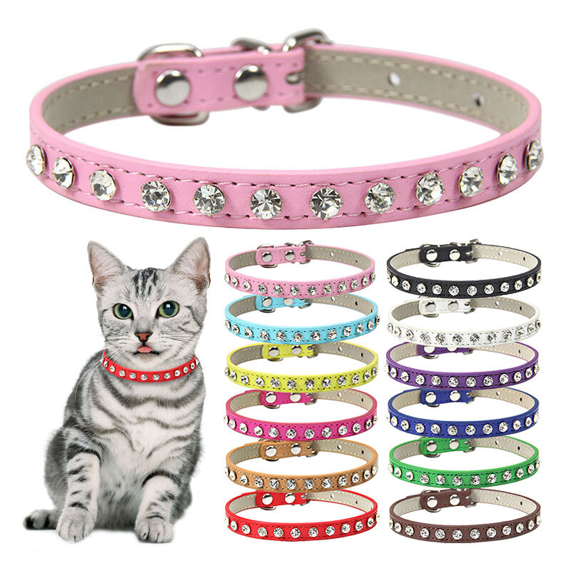 Collar de cuero con remaches de diamantes de imitación para gato, correa de cuello para cachorro, accesorios para gatito, venta al por mayor, envío directo