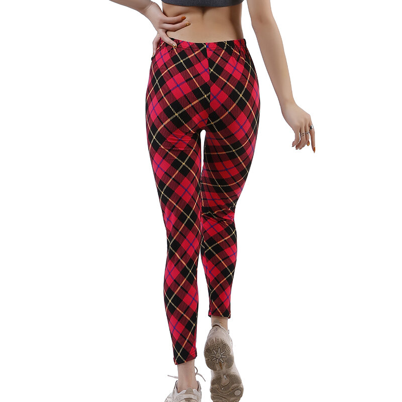 CHSDCSI Fashion leginsy Highstreet nadruk w szkocką kratę Streetwear legginsy letnie damskie seksowne spodnie typu Casual ćwiczenia Running Strethcy