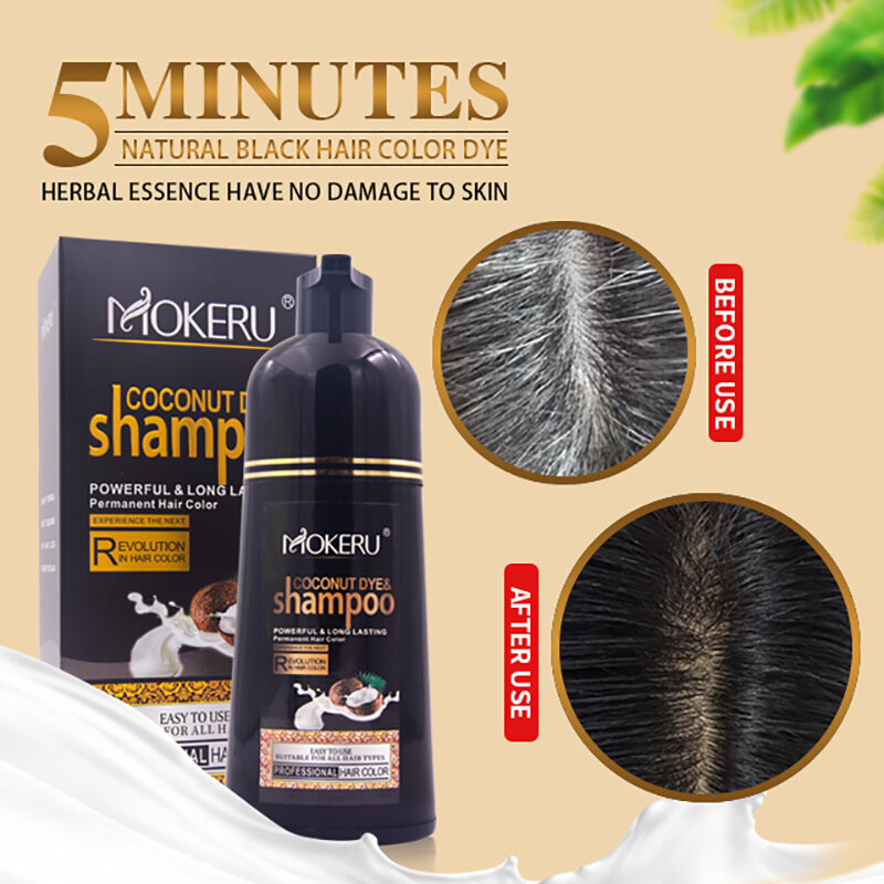 Mokeru Natural Long Lasting Coloring Coconut Oil Fast Hair Color Dye Shampoo Permanent Brown Hair Dye Shampoo for Women Men