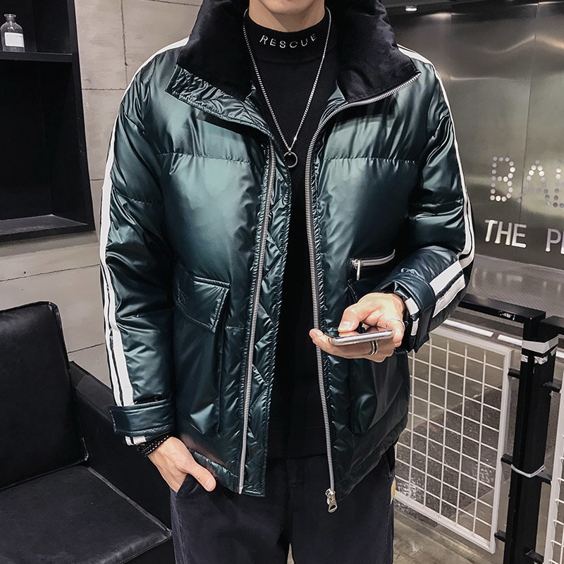 Baixo designer jaqueta masculina inverno grosso gola curta casaco streetwear listrado manga longa casual para baixo jaqueta plus size 4xl