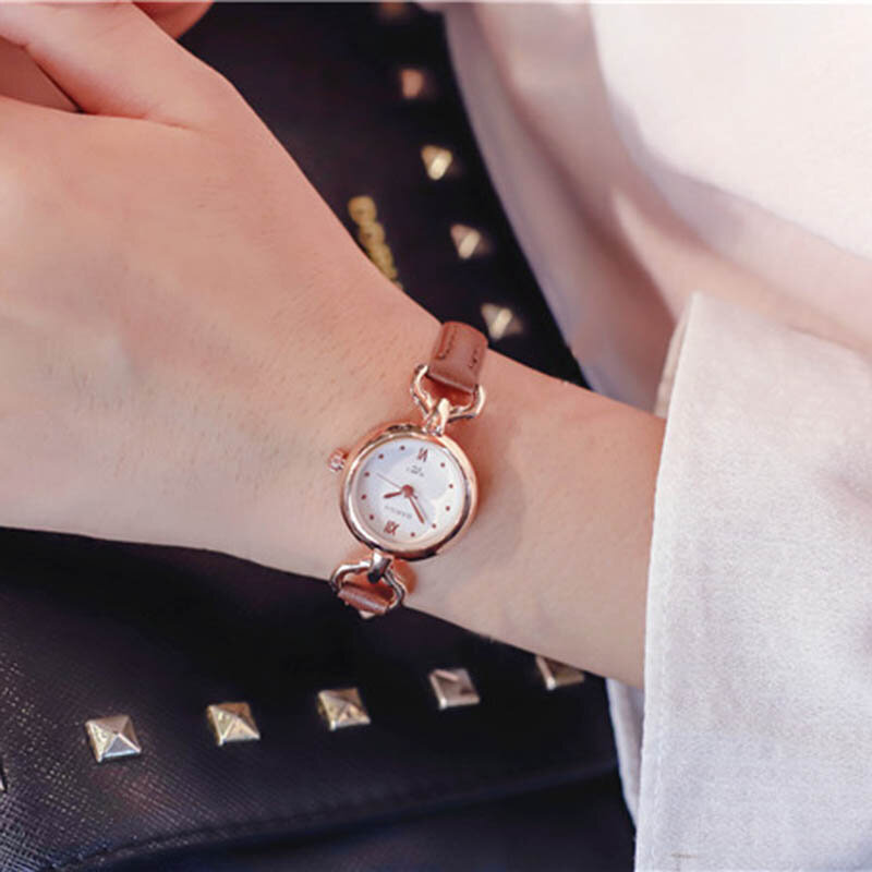 ساعة يد كوارتز بسيطة للنساء والفتيات ، حزام جلد PU ، مينا رقيق ، EIG88