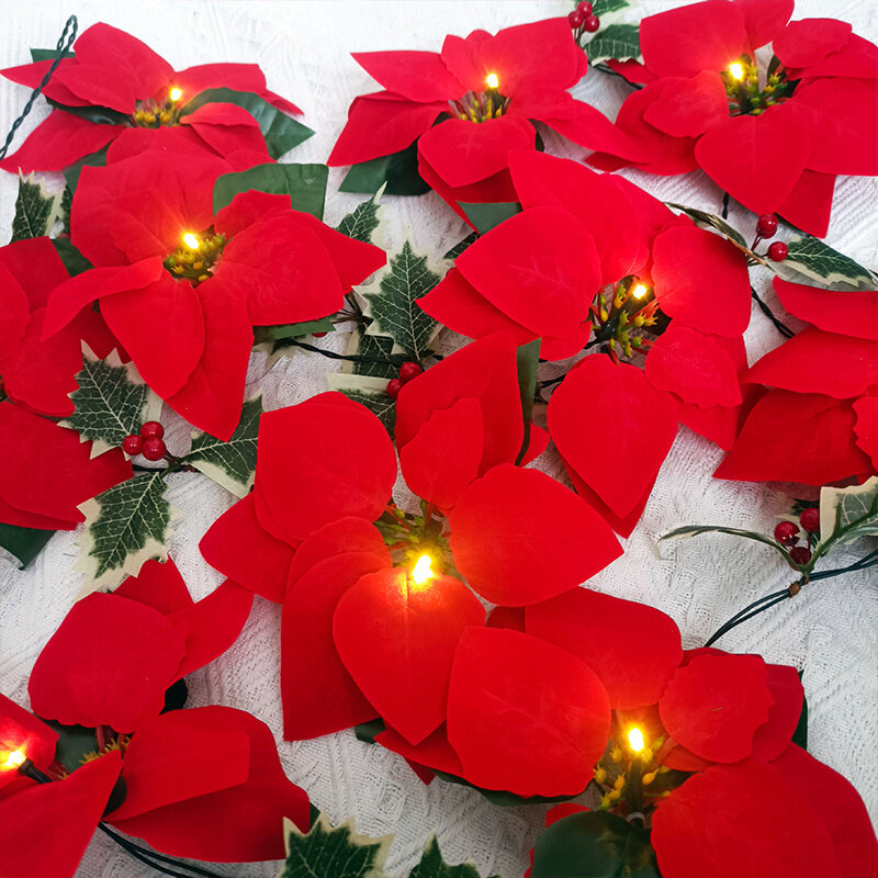 Guirlande lumineuse décorative à LED Poinsettia de noël, 3/2M, décorations de fleurs, ornements d'arbre de noël, décoration de fête, de maison