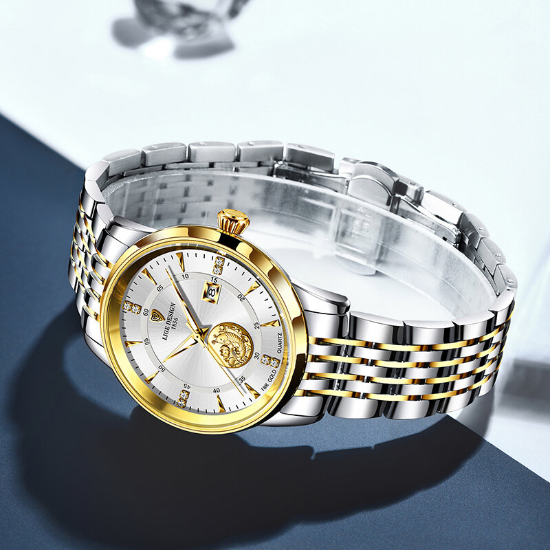 LIGE-メンズウォッチ,ステンレススチール,耐水性,クォーツ腕時計,金魚のデザイン,ケース