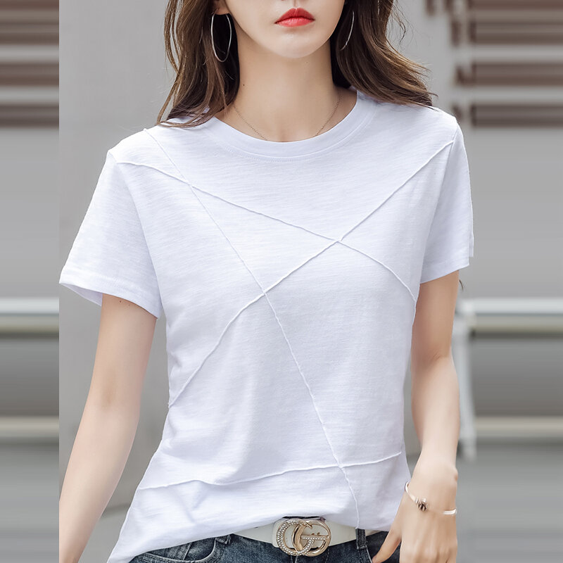 AOSSVIAO Summer Slim Cotton Bamboo T-Shirts Women 2024 O-Neck Short Sleeve Ribbed Tshirts Female Casual Solid Color Tops