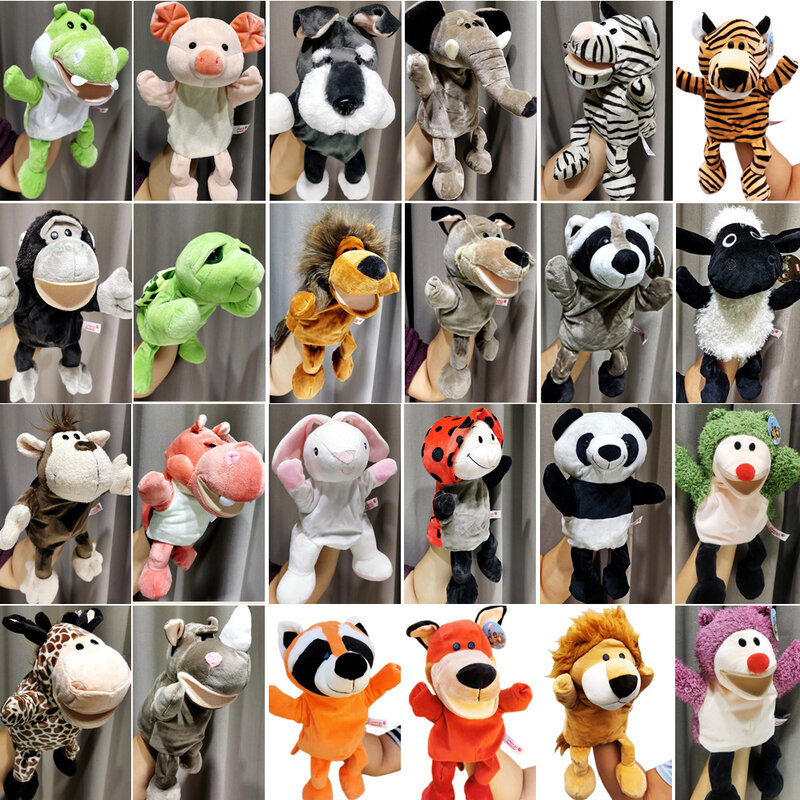 Marionetas de mano de animales con patas de 30cm para niños, juguetes de felpa, muñecos educativos, Lobo, León, Panda, mapache