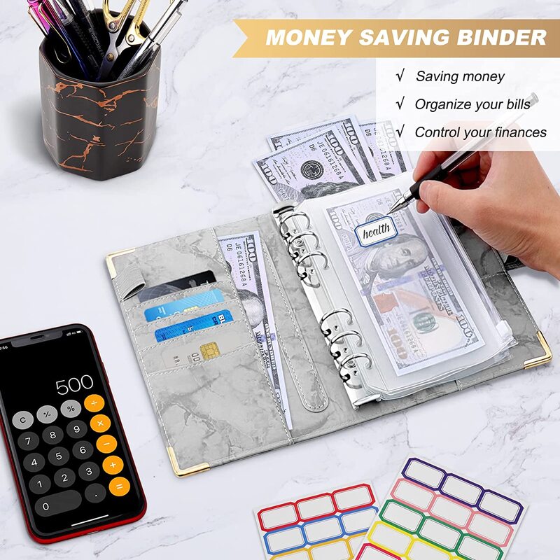 A6 PU หนัง Marble Notebook Binder Budget Planner เงินสำหรับ Cash Savings 12ซิปซองจดหมายกระเป๋าสติกเกอร์