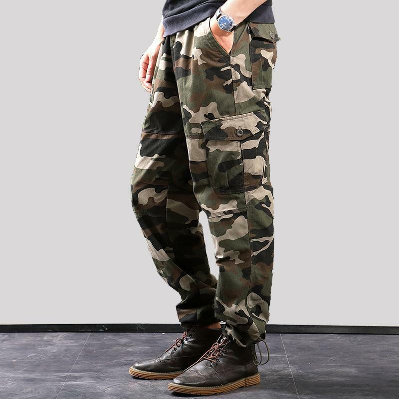 Spring Autumn Men's Cargo Pants Camouflage Tactical Cotton Casual Dungarees with Side Zipper Wear Resistant Work Trousers