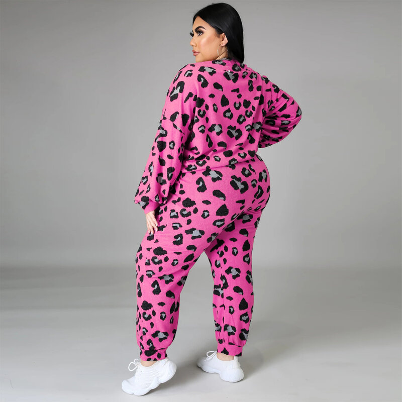Roupas femininas plus size define 2 peça 2021 outono moda o-pescoço manga longa leopardo imprimir solto camisola casual terno feminino