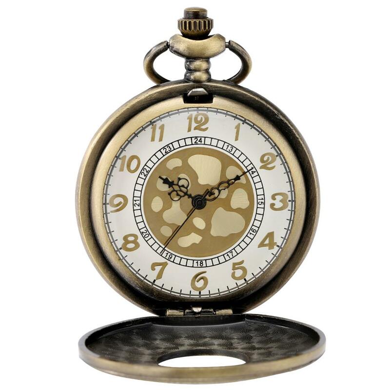 레트로 청동 중공 플립 석영 주머니 시계 로마 숫자 골드 다이얼 시계 유행과 내구성 체인 펜던트 목걸이 선물