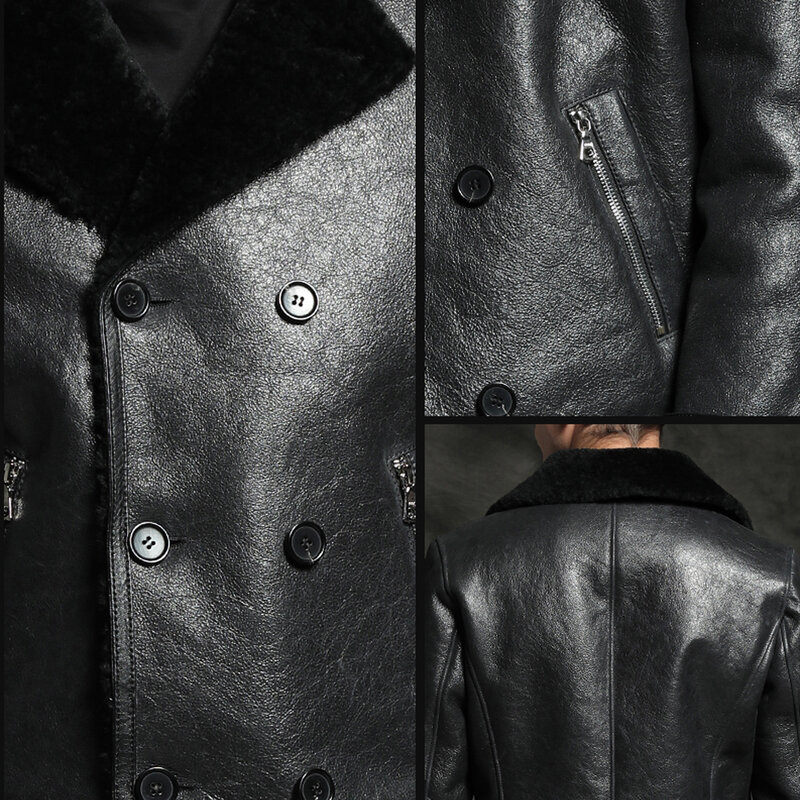 Genuíno casaco de pele de carneiro dos homens curto preto natural engrossar roupas de pele de inverno couro genuíno terno formal roupas