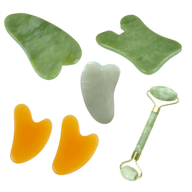 Kit para massagem gua sha com pedra de jade natural, 2 em 1, acessório com dois rolinhos para massagear e raspar rosto, pescoço, costas e mandíbula