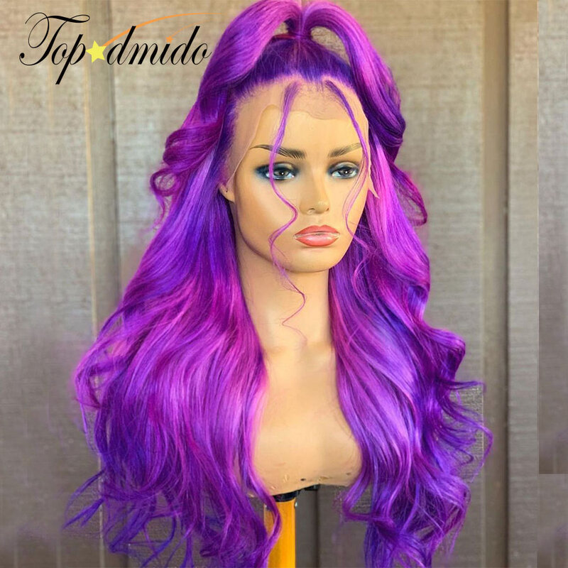 Topodmido-pelucas de encaje transparente con pelo de bebé, pelo Remy humano brasileño, Color púrpura, sin pegamento, 4x4