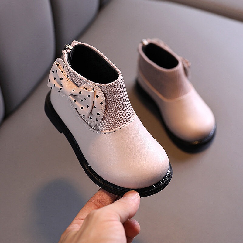 2022 Sepatu Boots Anak Perempuan ฤดูหนาวใหม่เด็ก Warm Elegant Princess Plush Bowtie รองเท้าหนังเด็กรองเท้าผ้าฝ้าย E258