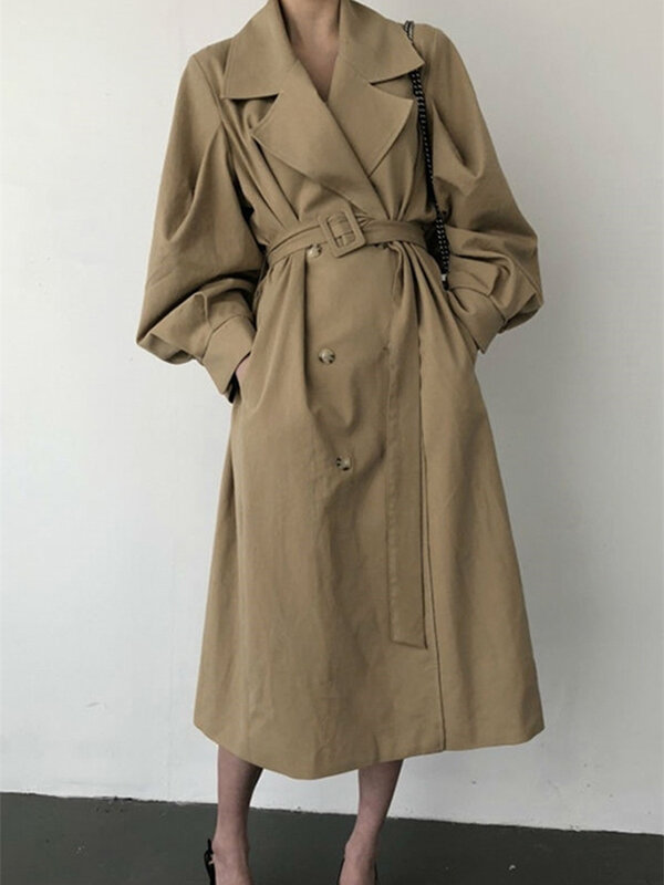Elegante trench coat feminino, besouro duplo, casaco longo grande, lady streetwear, outwear coreano, quebra-vento de pista, outono, novo, 2022