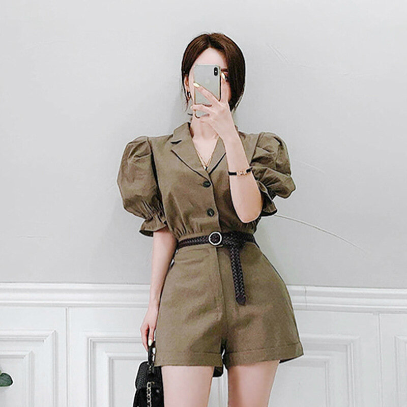 S-XL Plus Ukuran Gaya Korea Penyanyi Breasted Korset Slim Musim Panas Tipis Celana Bodysuit Wanita Puff Sleeve Blazer Pendek Jumpsuit
