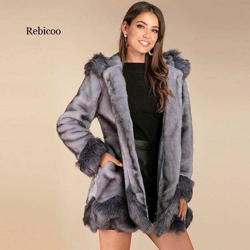 Elegant ขน Faux Fur Coat Hooded เสื้อขนสัตว์สีเทาฤดูหนาวขนสัตว์ปุกปุย Jacket Outwear Overcoat เสื้อผ้าผู้หญิง