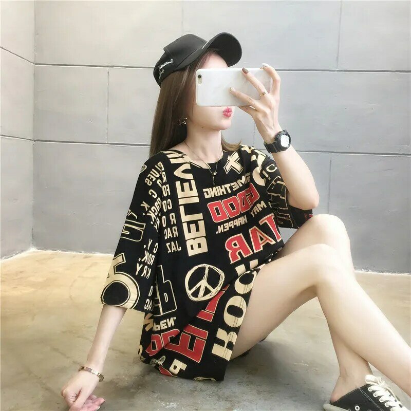 Camiseta negra para mujer, camiseta de manga corta para mujer, Camiseta holgada con letras de estilo coreano, celebridad de internet c32 2022