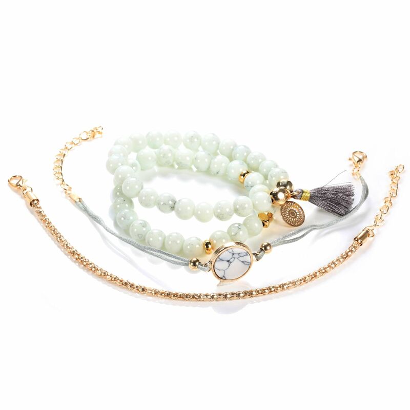 4pcs/Set Bohemian Stone beads chains bracelets Set For Women Metal Heart Round Tassel charm Bangle Fashion Jewelry