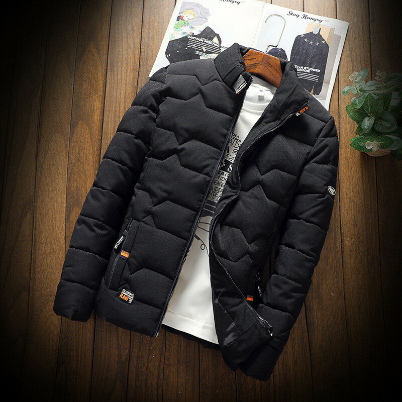 男性用のパッド入りコットンジャケット,厚くて暖かい,薄い,スタンドカラー,若者と冬に適しています