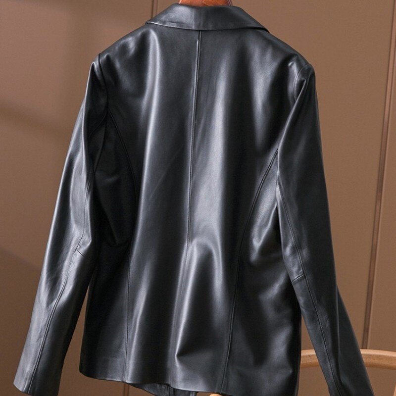 Sheepskin Genuine Blazer Women Luxury Office Lady Single Button Suit Jacket Fashion Elegant Turn-Down Collar Real Leather Coat