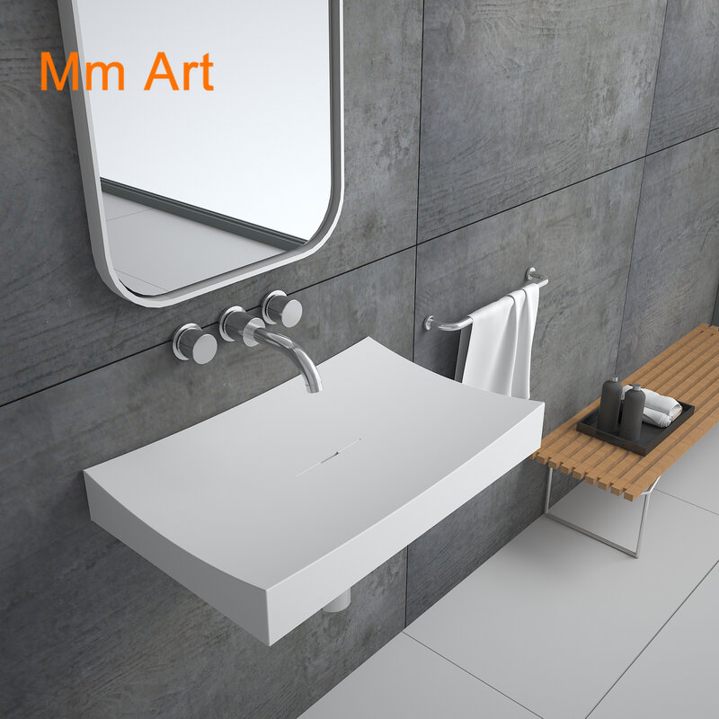 Lavabo de superficie sólida acrílica colgante de pared, lavabo de lavado de piedra Artificial, baño de hotel moderno