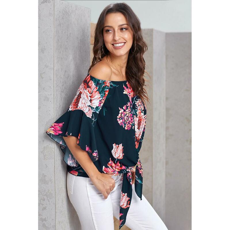Spring 2020 Super Hot Sale Word Collar Tube top T-Shirt Female Print 7-Point Sleeve Knotted Pullover Ladies