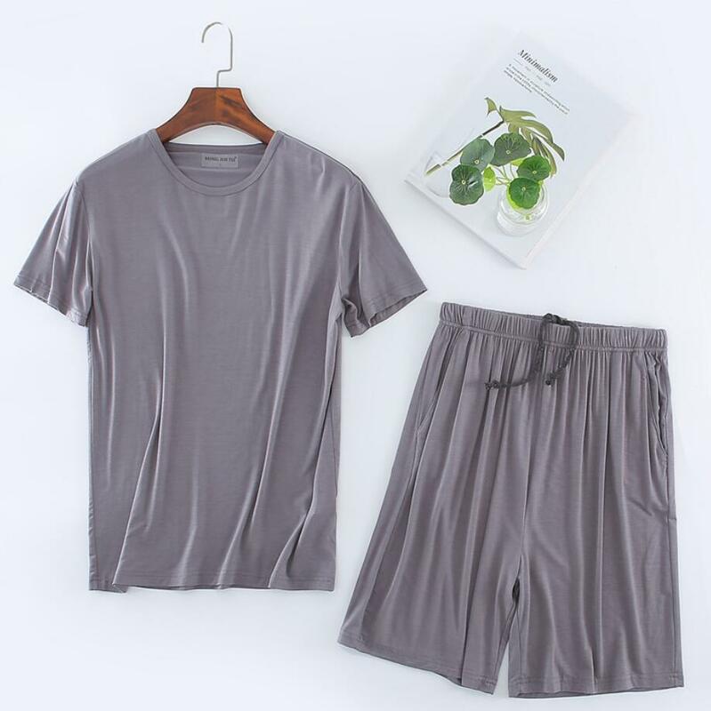 Plus Size 8XL 150KG Men Pajamas Sets Solid Color O Neck Summer Modal Home Wear Short Sleeve Top and Shorts