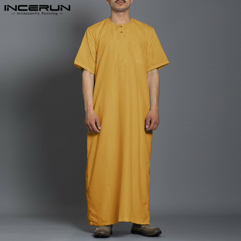 Incerun-Kaftan muçulmano de manga curta masculina com gola redonda cor sólida, casual Jubba Thobe, vestes da moda vintage