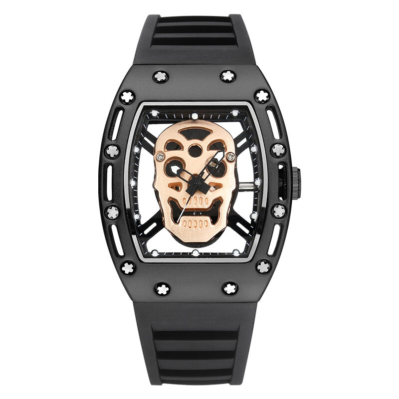Toneau relógio de pulso esportivo, relógio de pulso com cabeça de caveira, pulseira de borracha, vidro transparente, marca