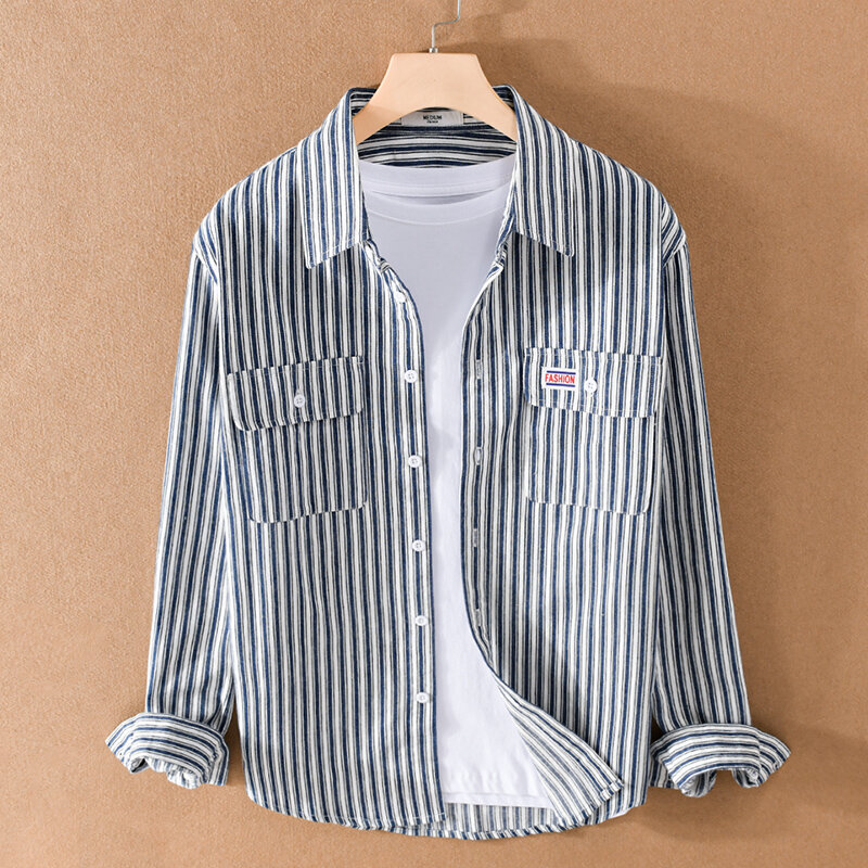 100% 코튼 긴 소매 줄무늬 캐주얼 셔츠 남성 편안한 유행 셔츠 남성용 탑스 chemise camisa