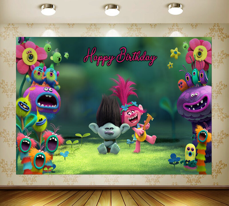 Disney troll aniversário fundo pano festa de aniversário decoração fundo foto parede cartaz de brinquedo das crianças presente de aniversário
