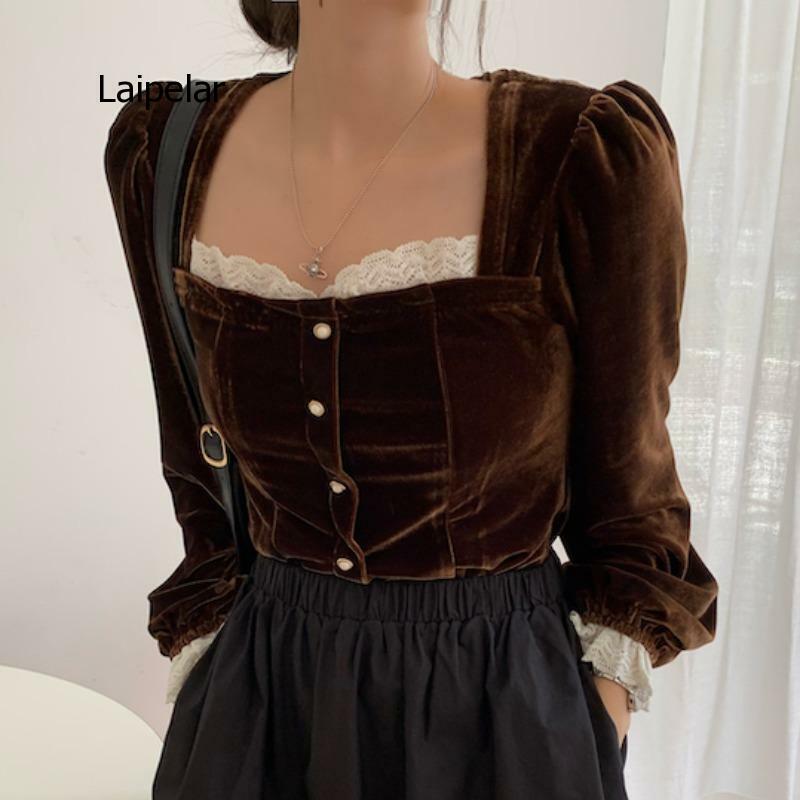 Blusa de manga larga con cuello cuadrado para mujer, camisa de terciopelo negro Vintage, estilo francés, elegante, Otoño, 2021