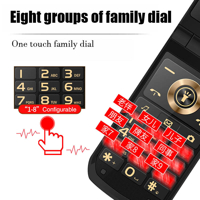 Pantalla táctil delgada Clamshell teléfono móvil para personas mayores, Flip, llave rusa, antorcha de Doble Sim, Dial rápido, cuerpo de Metal