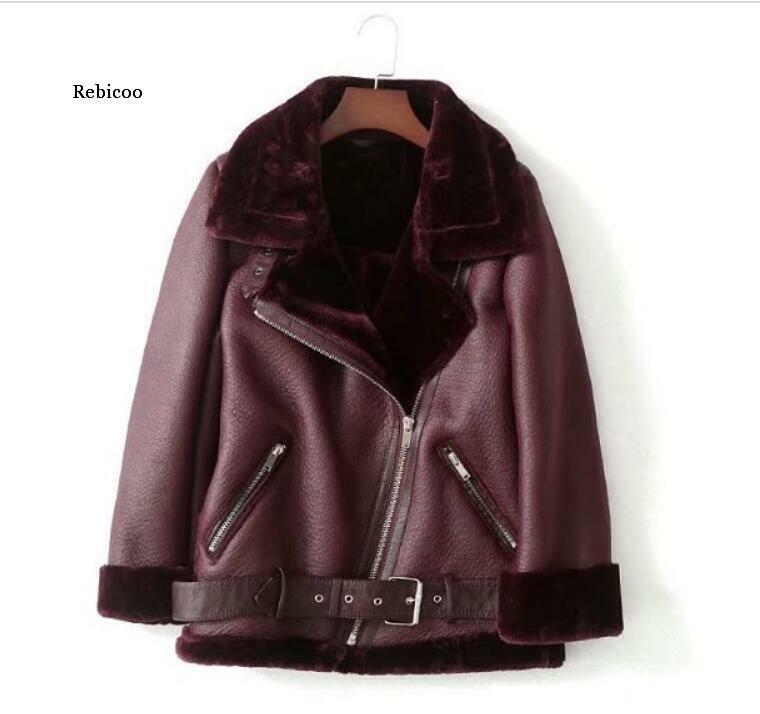 Winter Women's Sheepskin Coat Black Faux Leather Fur  Turn Down Collar Female Fur Leather Thicken Warm Aviator Jackets