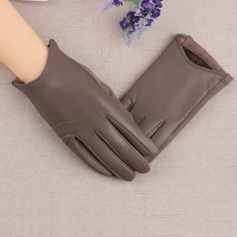 Winter Women Keep Warm Touch Screen Plus Velvet Solid Stage Performance Short Outdoor Cycling Drive PU Leather Gloves