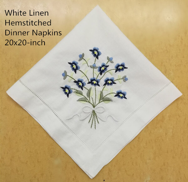 Zestaw 12 modnych serwetki obiadowe biała obszyta lniana podkładka stołowa z kolorem haftowane kwiaty na ślub serwetki 20x20-inch