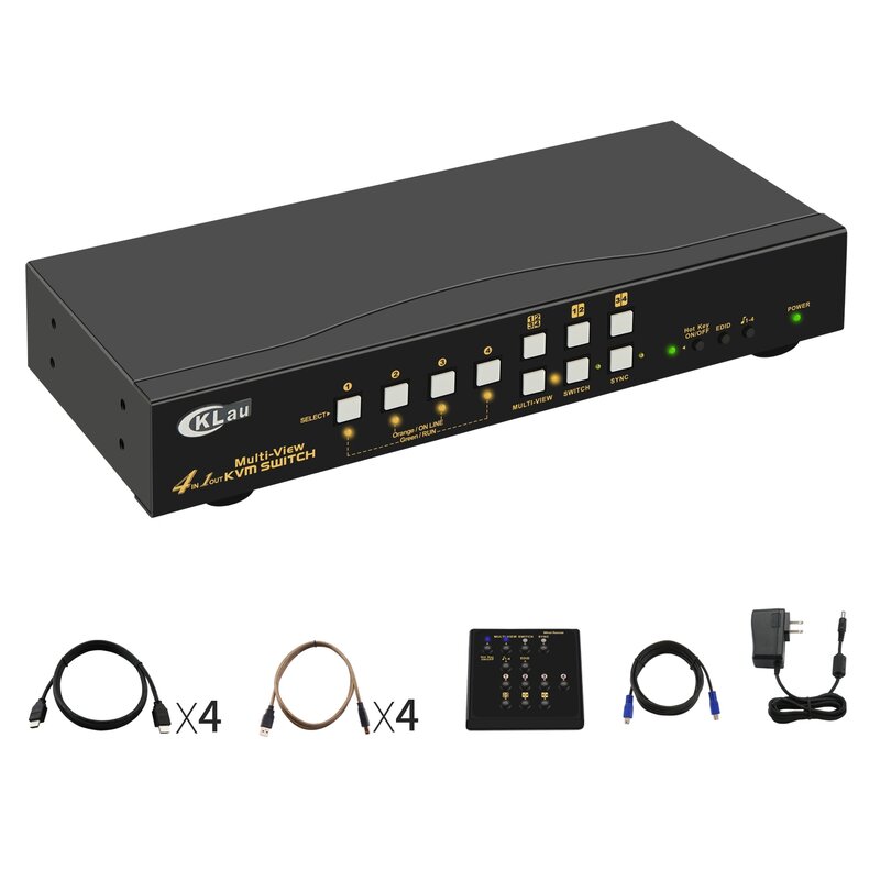 CKLau 4K X 2K 4 Port Multi-view KVM Switch HDMI, Switch MVKVM Mendukung Seluruh Layar, Switch KVM Tampilan Tunggal dan Multi Komputer