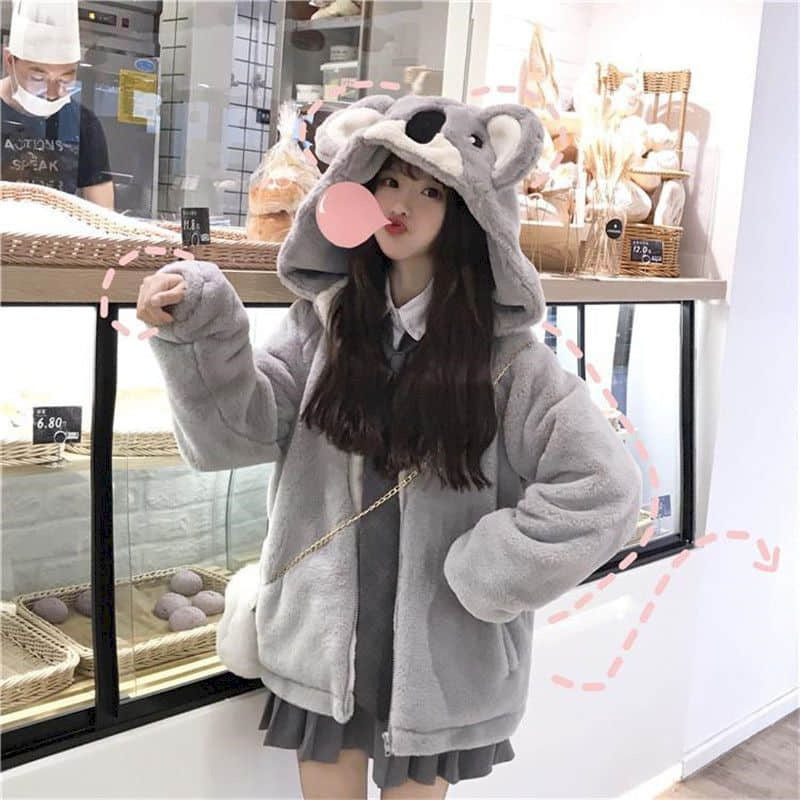 Casaco de pelúcia feminino novo estilo japonês macio menina 2022 inverno bonito koala orelha com capuz jaqueta estudante engrossado peludo jaqueta menina