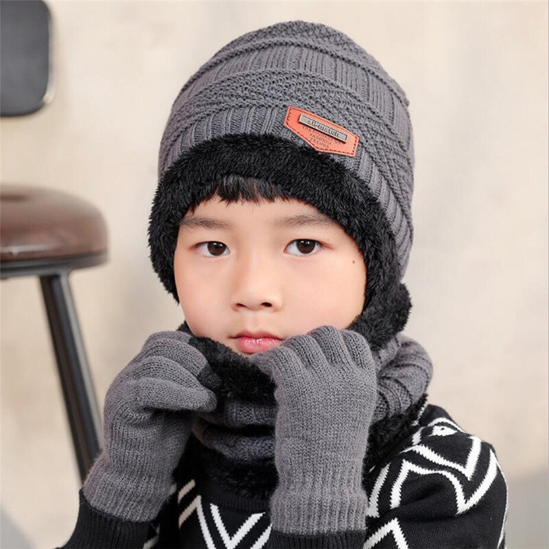 Conjunto de gorro y guantes de punto para niño y niña, gorro de felpa cálido, gorro de esquí al aire libre, bufandas sólidas, invierno, 2019