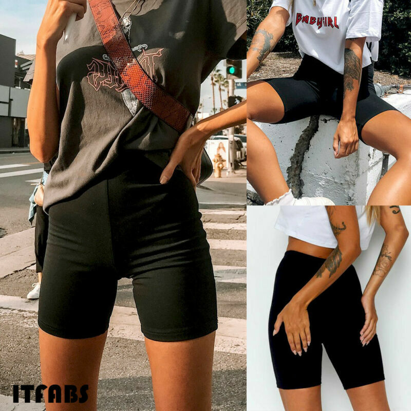 Summer Women's Cycling Shorts Stretch Plain Casual Yoga Sports Fitness Ladies Elastic Waist Elastic Black Slim Shorts