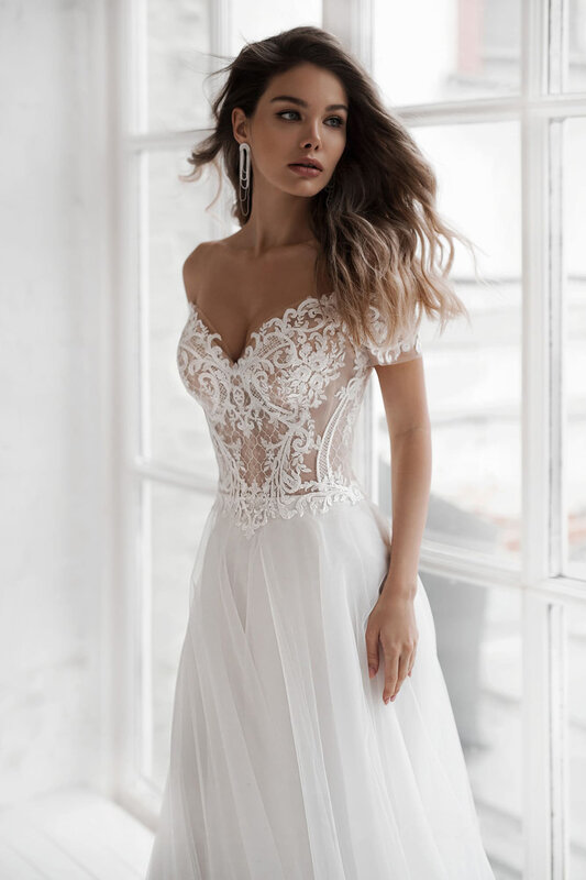Свадебное платье невесты, с открытыми плечами, V-образным вырезом, аппликацией, трапециевидной формы, элегантное кружевное свадебное платье в богемном стиле, 2021