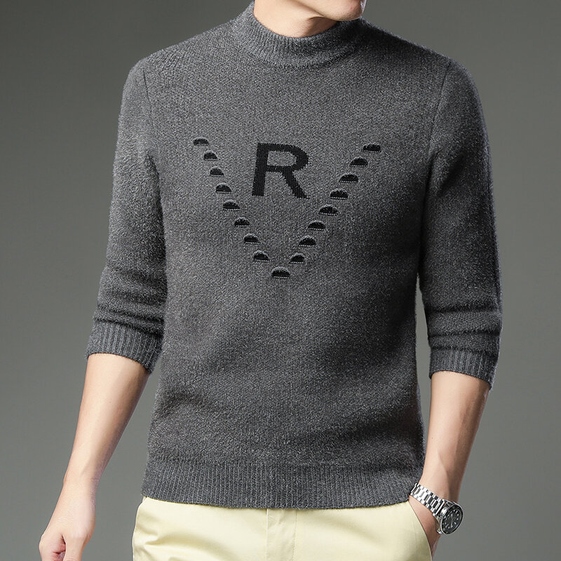 2021 가을 겨울 새로운 남자의 고품질 양 털 따뜻한 스웨터 남자 패션 캐주얼 R 편지 라운드 넥 풀오버 니트 스웨터