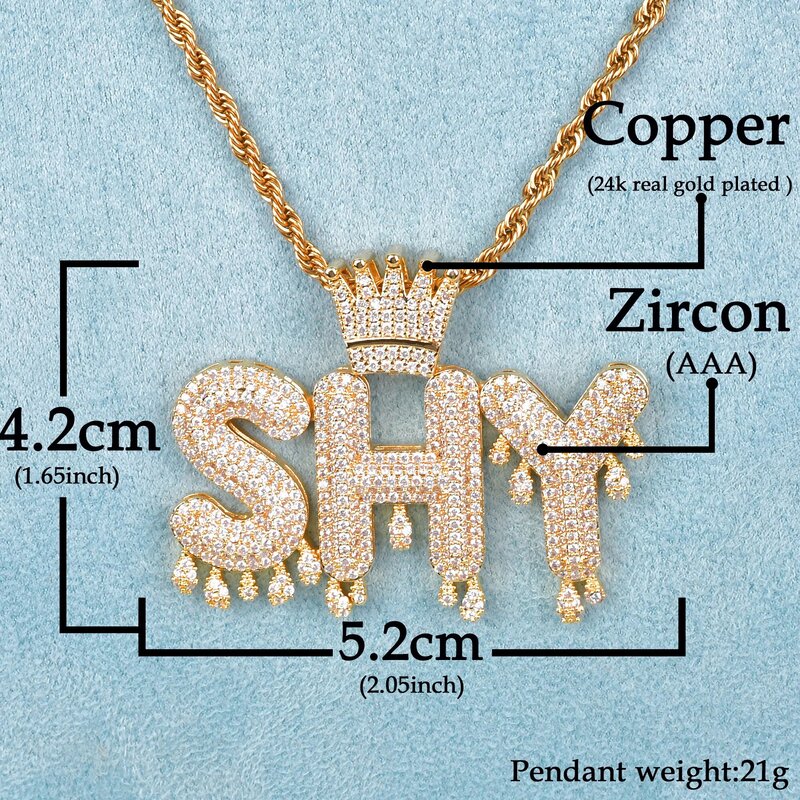 Drip Letter Custom Name Necklace for Men Crown Bail Personalized Pendant Real Gold Plated Charms Hip Hop Fashion Jewelry