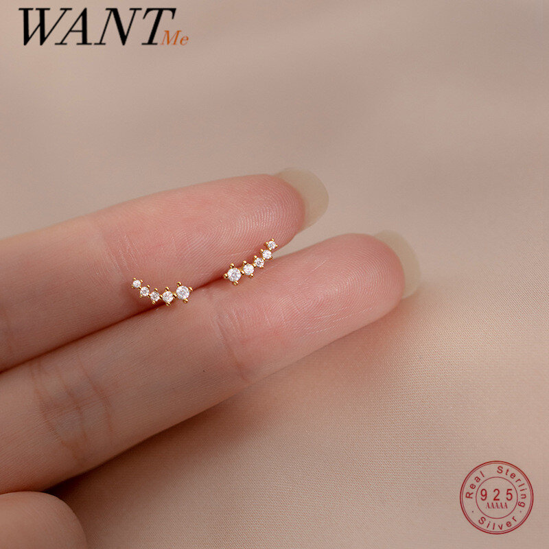 WANTME 925 Sterling Silver Simple Korean Pave Zircon Mini Small Stud Earrings for Teen Women Daily Life Party Piercing Jewelry