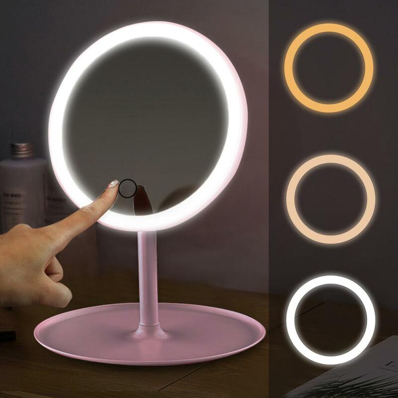 Espelhos de maquiagem com anel iluminado, espelhos de maquiagem com luz hd controle de toque inteligente suporte de mesa espelho de carga usb