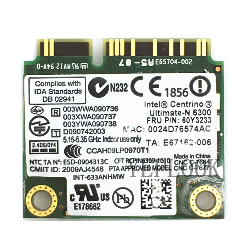 Carte WiFi Intel pour ordinateur portable Lenovo, 633ANHMW 6300ANHU 6300, bande touristes 2.4G/5GHZ 450Mbps stérilisation 11a/g/n demi Mini PCI-E carte sans fil