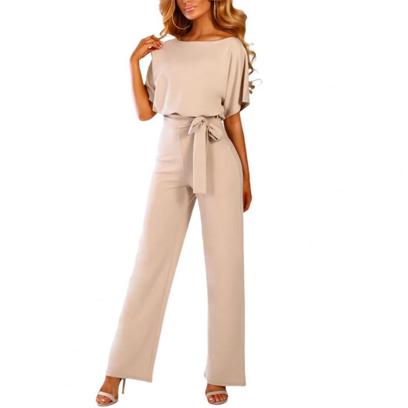 Jumpsuit Lace Up High Waist Elegant Women Solid Color Straight Leg Romper Fashion Short-sleeved Round Neck Jumpsuit for Dating
