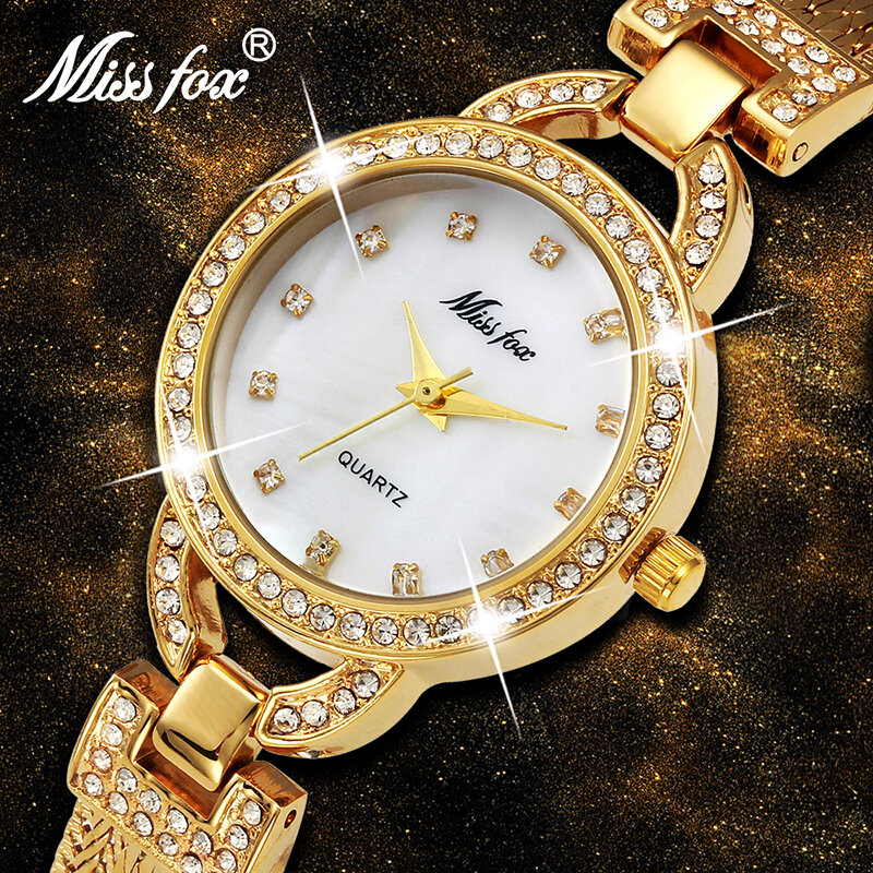Missfox女性スモールかわいいパールシェルc高級女性ゴールド腕時計ファッション鋼メッシュラインストーン甘いスタイルクォーツ時計