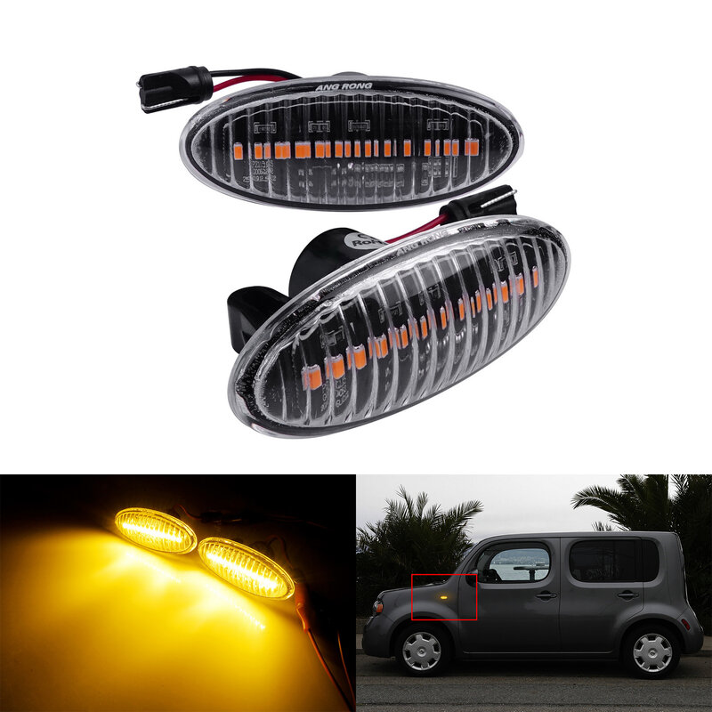 ANGRONG 2X Amber LED Marker Side Indicator Repeater Light Clear Lens For Nissan Micra Navara Note Cube