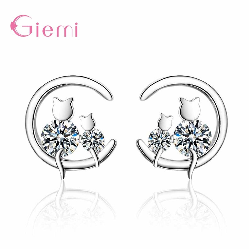 Wholesale New Stylish S925 Sterling Silver  Two Cute Cats Shinning Cryastal Stud Earrings For Women Girls Student Jewelry